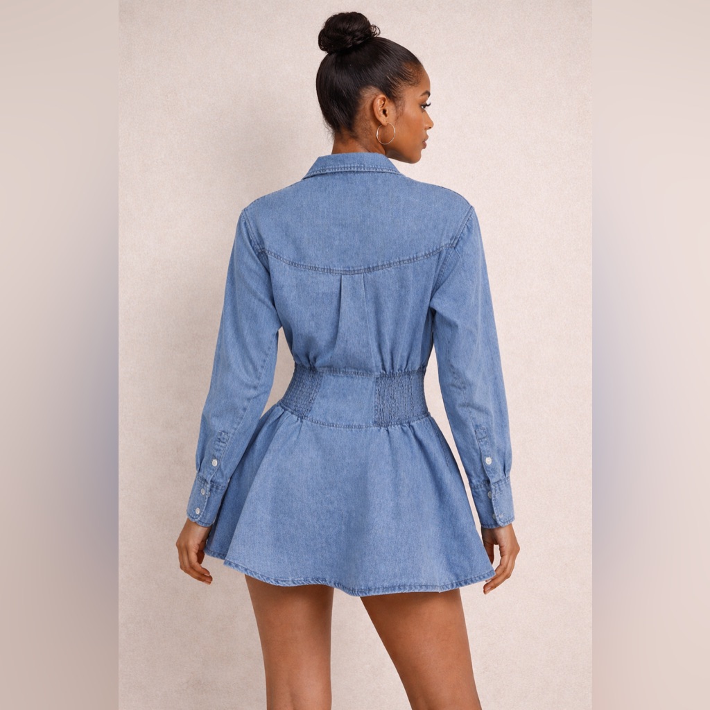Mon Renn Denim Fit&Flare Mini Dress Light Wash Cotton Blend Australian Design S
